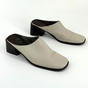 Vtg Nine West Bone White Mules Size 7.5M Block Heel Slip On Minimal 90s Square